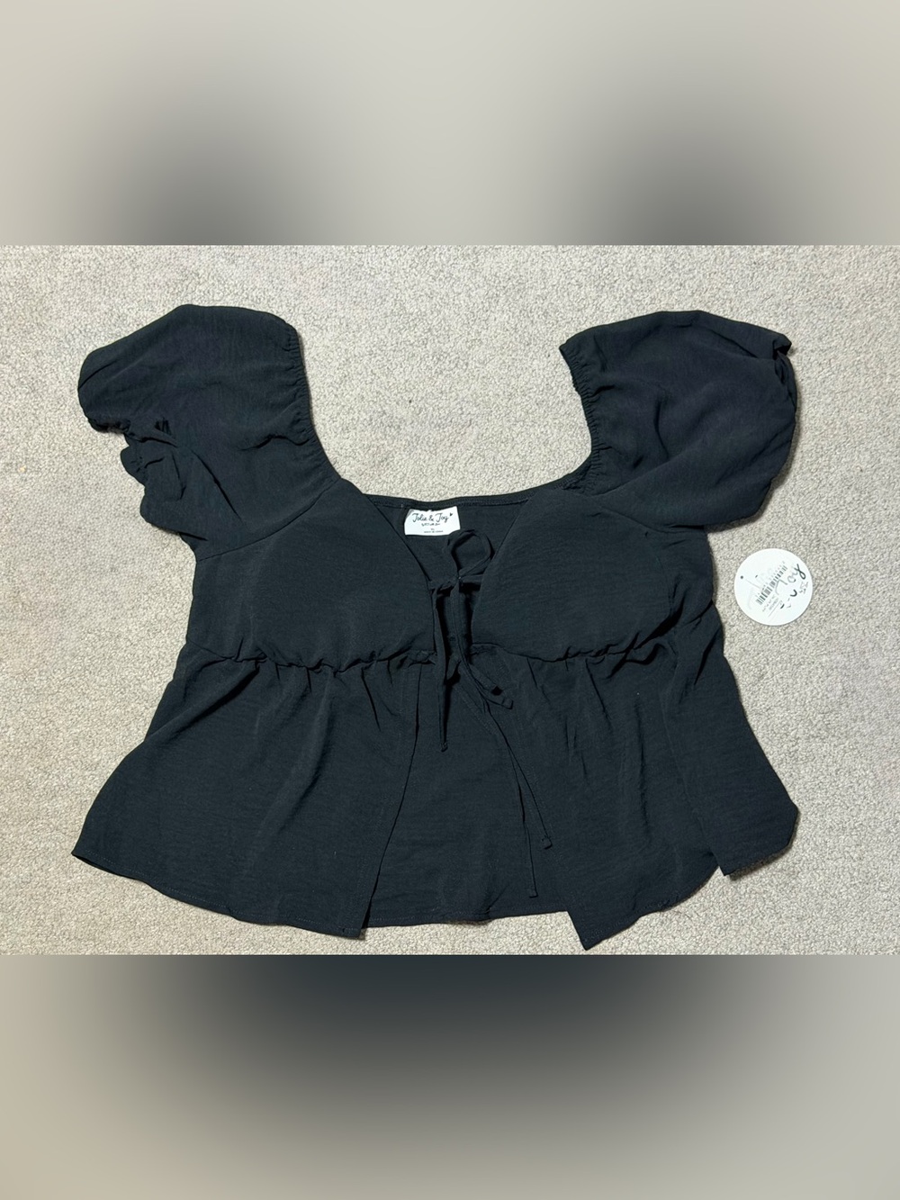 NWT Jolie & Joy Black Tie Front Puff-Sleeve Peplum Crop Top - XL (Juniors)